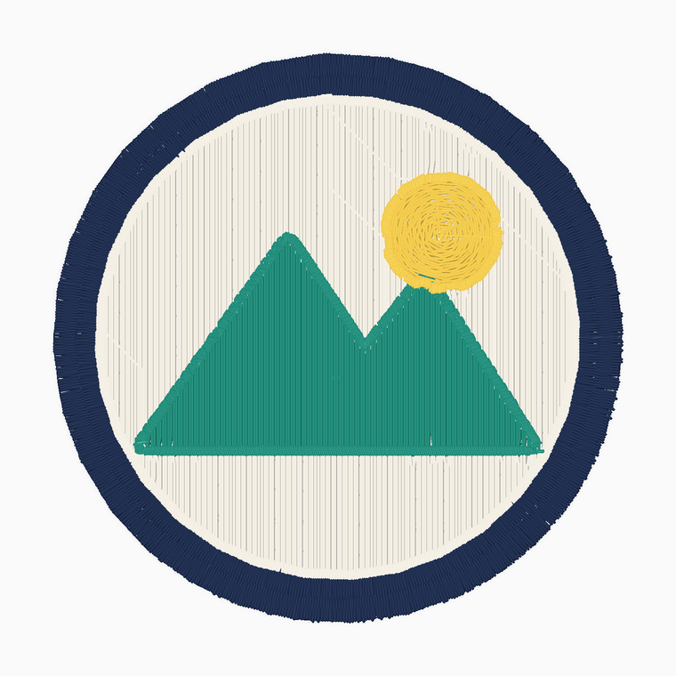 Embroidery sew-out preview of mountain and sun roundel logo produced by Embify