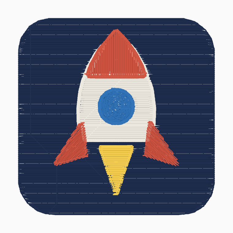 Embroidery sew-out preview of rocket patch logo produced by Embify